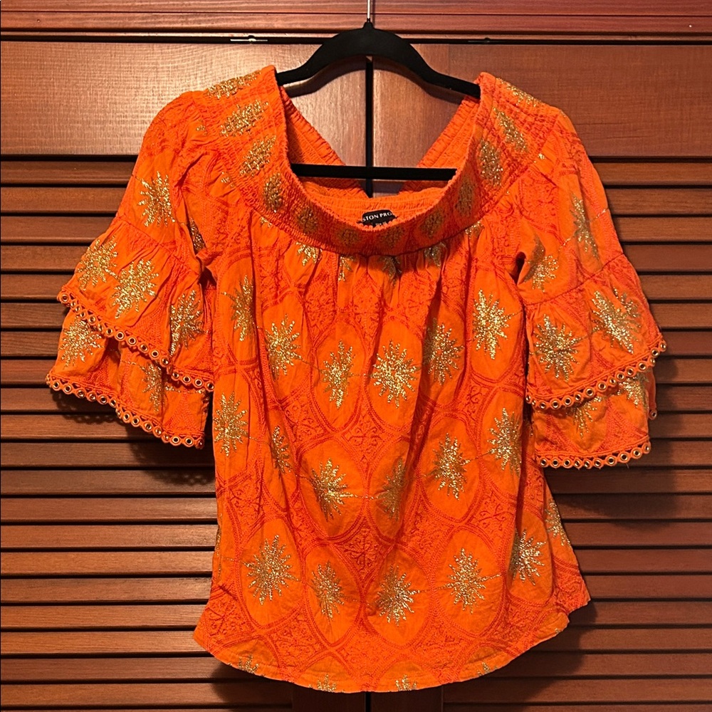 Boston Proper Orange Gold Embroidered Women's Off the Shoulder Top XS